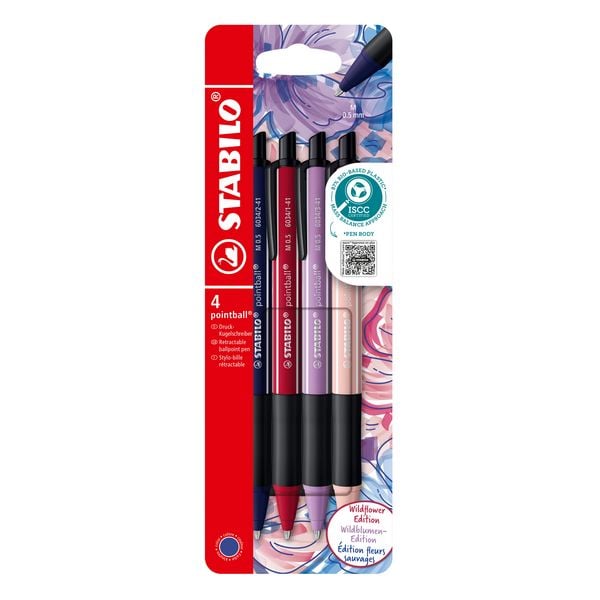 Produktbild: STABILO Druck-Kugelschreiber pointball NatureCOLORS Wildflower Edition 4er Set, burgunderrot, preu&szlig;ischblau, grauviolett, rouge