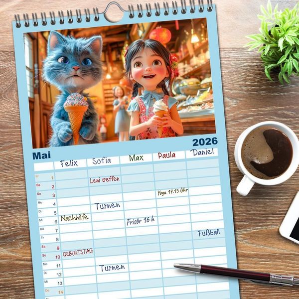 Produktbild: Familienplaner 2026 - Lina und die Katzen - Magische Abenteuer in niedlichen Szenen mit 5 Spalten (Wandkalender, 21 x 45 cm) CALVENDO
