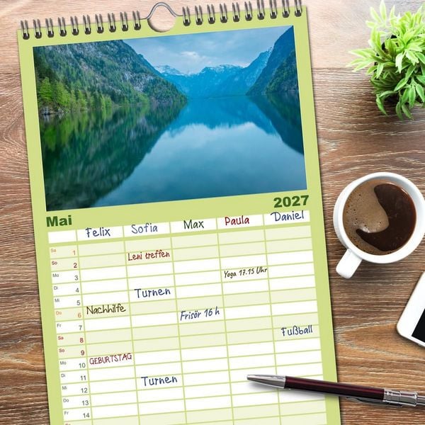 Produktbild: Familienplaner 2027 - Alpenseen - Berge im Spiegel mit 5 Spalten (Wandkalender, 21 x 45 cm) CALVENDO