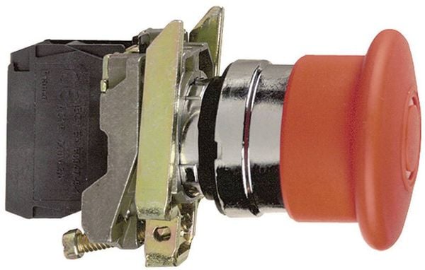Produktbild: Schneider Electric XB4BS8445 Pilztaster Frontring Metall, mit NOT-Aus-Schalter, rund, r&uuml;ckstellbar 120 V/AC 6A 1 &Ouml;ffner
