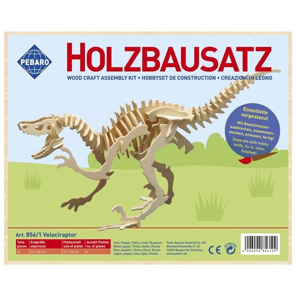 Produktbild: PEBARO 856/1 - Holzbausatz Dinosaurier Velociraptor, 47 Teile, Holzkonstruktion zum Zusammenstecken