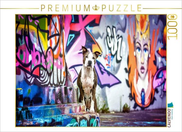 CALVENDO Puzzle American Staffordshire Terrier steht an einer Graffitiwand | 1000 Teile Lege-Größe 64x48cm Foto-Puzzle für glückliche Stunden