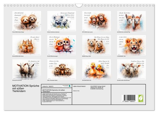 Produktbild: MOTIVATION Spr&uuml;che mit s&uuml;&szlig;en Tierkindern (Wandkalender 2026 DIN A3 quer), CALVENDO Monatskalender