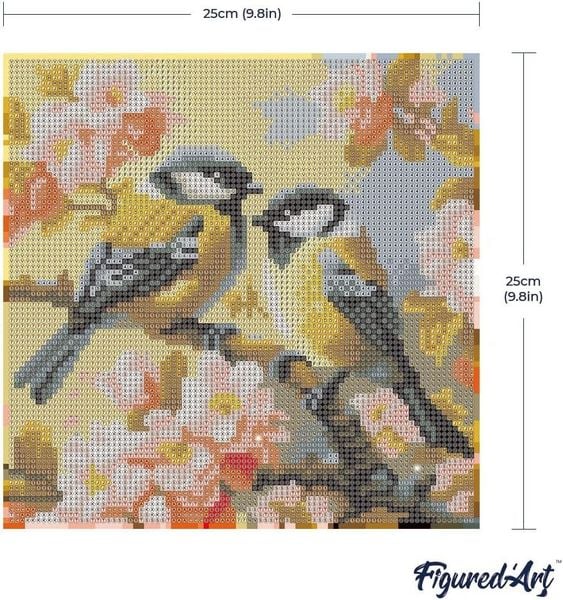 Produktbild: FiguredArt DP-SFA183-Y - Mini Diamond Painting, Vogelpaar zwischen Bl&uuml;ten, Leinwand-Keilrahmen (25x25cm), DIY Bastelset