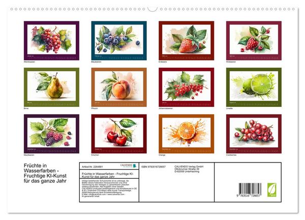 Produktbild: Fr&uuml;chte in Wasserfarben - Fruchtige KI-Kunst f&uuml;r das ganze Jahr (hochwertiger Premium Wandkalender 2026 DIN A2 quer), Kunstdruck in Hochglanz