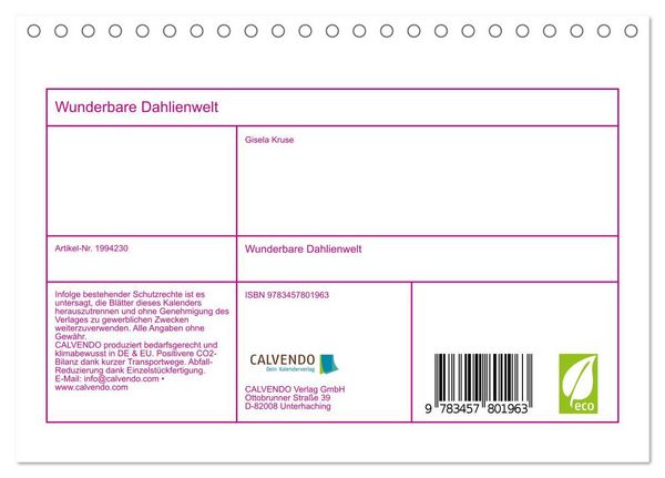 Produktbild: Wunderbare Dahlienwelt (Tischkalender 2026 DIN A5 quer), CALVENDO Monatskalender
