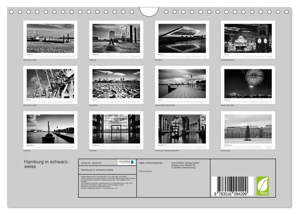 Produktbild: Hamburg in schwarz-weiss (Wandkalender 2026 DIN A4 quer), CALVENDO Monatskalender