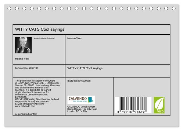 Produktbild: WITTY CATS Cool sayings (Desk Calendar 2026 DIN A5 landscape), CALVENDO 12 Month DeskCalendar