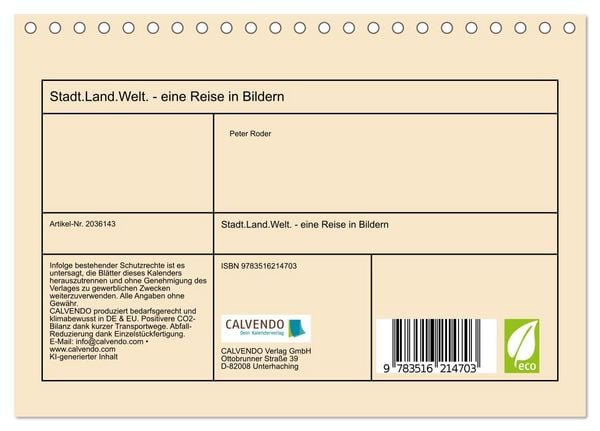 Produktbild: Stadt.Land.Welt. - eine Reise in Bildern (Tischkalender 2026 DIN A5 quer), CALVENDO Monatskalender