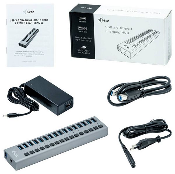 Produktbild: I-tec U3CHARGEHUB16 USB-Hub 16 Port USB-A USB 3.0 5 GBit/s Grau Charging Hub