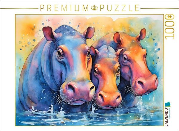 CALVENDO Puzzle Planschende, bunte Nilpferde | 1000 Teile Lege-Größe 64x48cm Foto-Puzzle für glückliche Stunden