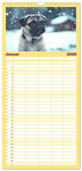 Produktbild: Familienplaner 2026 - Kleine Helden - eine Hommage an die Mopsrasse mit 5 Spalten (Wandkalender, 21 x 45 cm) CALVENDO