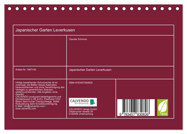 Produktbild: Japanischer Garten Leverkusen (Tischkalender 2026 DIN A5 quer), CALVENDO Monatskalender