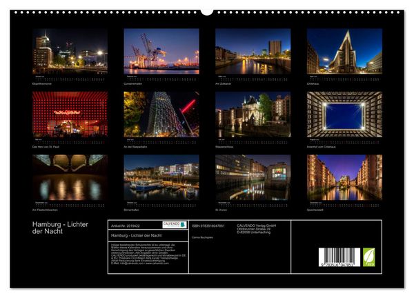 Produktbild: Hamburg - Lichter der Nacht (hochwertiger Premium Wandkalender 2026 DIN A2 quer), Kunstdruck in Hochglanz
