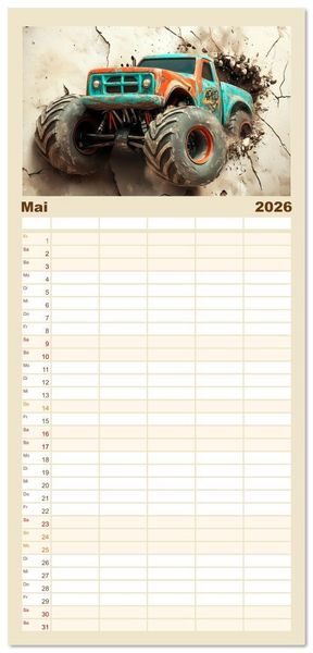 Produktbild: Familienplaner 2026 - Die Macht der Monstertrucks mit 5 Spalten (Wandkalender, 21 x 45 cm) CALVENDO