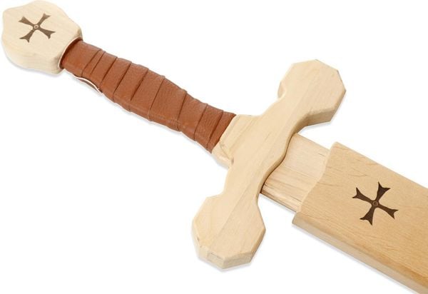 Produktbild: BestSaller 1012.9 - Templer-Schwert-Set mit Holzh&uuml;lle, Birke, 64cm, Holz-Schwert, Griff mit brauner Kunstlederwickelung