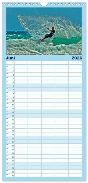 Produktbild: Familienplaner 2026 - Kitesurfen - &uuml;ber den Wellen mit 5 Spalten (Wandkalender, 21 x 45 cm) CALVENDO