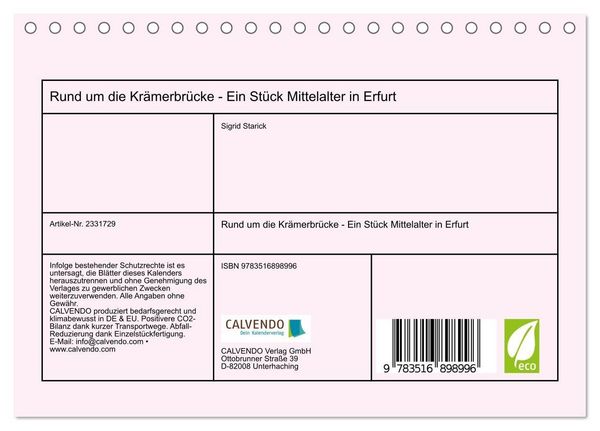 Produktbild: Rund um die Kr&auml;merbr&uuml;cke - Ein St&uuml;ck Mittelalter in Erfurt (Tischkalender 2027 DIN A5 quer), CALVENDO Monatskalender