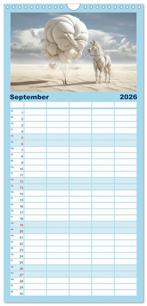 Produktbild: Familienplaner 2026 - Surrealismus trifft Pferdefans mit 5 Spalten (Wandkalender, 21 x 45 cm) CALVENDO