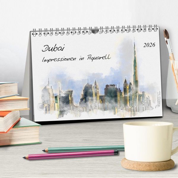 Produktbild: Dubai - Impressionen in Aquarell (Tischkalender 2026 DIN A5 quer), CALVENDO Monatskalender