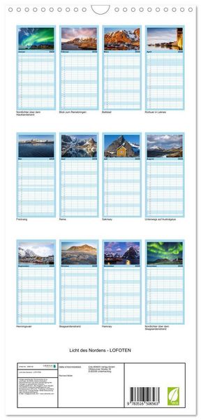 Produktbild: Familienplaner 2026 - Licht des Nordens - LOFOTEN mit 5 Spalten (Wandkalender, 21 x 45 cm) CALVENDO
