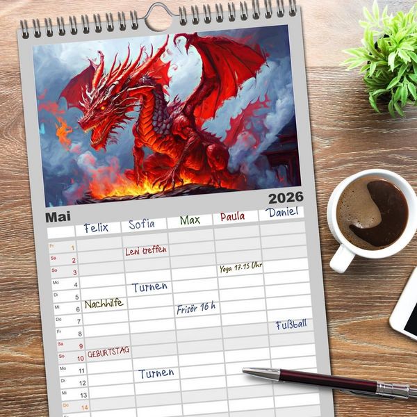 Produktbild: Familienplaner 2026 - Drachen - Gef&uuml;rchtete, aber nicht immer b&ouml;se Fabelwesen mit 5 Spalten (Wandkalender, 21 x 45 cm) CALVENDO