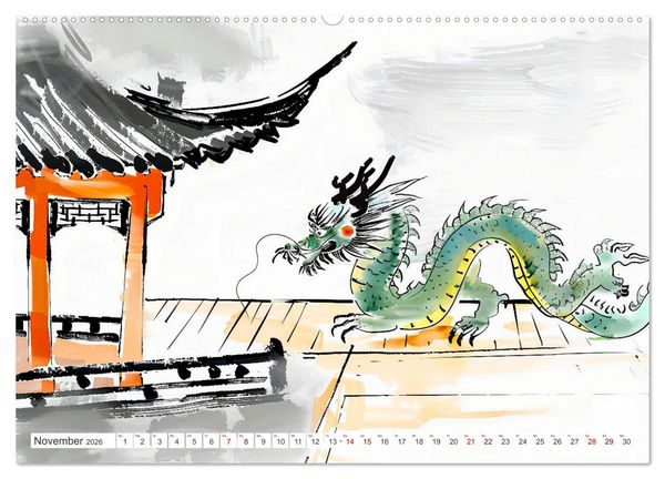 Produktbild: Fernost Impressionen - Tempel und Landschaften in KI-Tuschekunst (hochwertiger Premium Wandkalender 2026 DIN A2 quer), Kunstdruck in Hochglanz