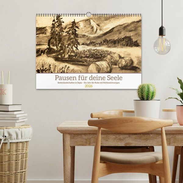 Produktbild: Pausen f&uuml;r deine Seele - Seelenlandschaften in Sepia - Ein Jahr der Ruhe mit Kohlezeichnungen (Wandkalender 2026 DIN A3 quer), CALVENDO Monatskalender