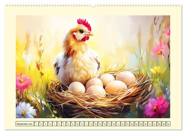 Produktbild: Im Glanz der Federn. Sch&ouml;ne H&uuml;hner in malerischer Harmonie (Wandkalender 2026 DIN A2 quer), CALVENDO Monatskalender