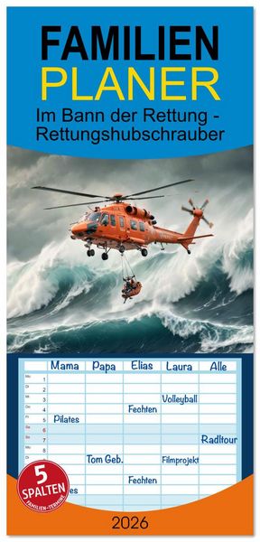 Produktbild: Familienplaner 2026 - Im Bann der Rettung - Rettungshubschrauber mit 5 Spalten (Wandkalender, 21 x 45 cm) CALVENDO