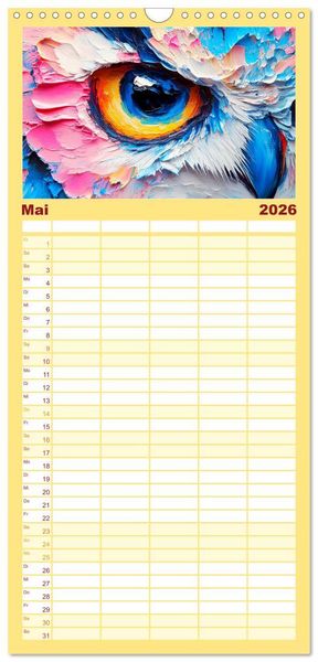 Produktbild: Familienplaner 2026 - Eulen. Entz&uuml;ckende Paintings mit 5 Spalten (Wandkalender, 21 x 45 cm) CALVENDO