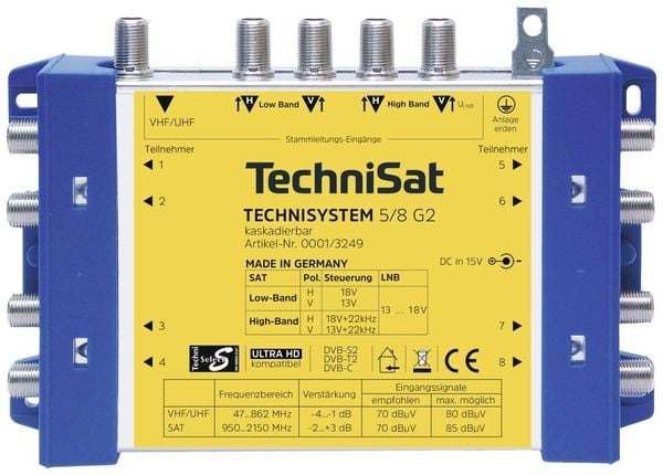 TechniSat Technisystem 5/8 G2, DC-NT SAT Multischalter Eingänge (Multischalter): 5 (4 SAT/1 terrestrisch) Teilnehmer-Anz