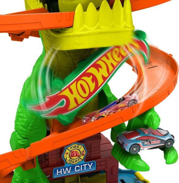 Produktbild: Hot Wheels City T-Rex-Feuerschlacht Spielset und Die-Cast-Spielzeugauto im Maßstab 1:64, gegnerischer Dinosaurier