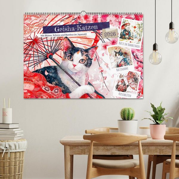 Produktbild: Geisha-Katzen - Mit Bl&uuml;ten, Schirm und Bambus im Japanstil (Wandkalender 2026 DIN A2 quer), CALVENDO Monatskalender