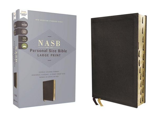 Produktbild: NASB, Personal Size Bible, Large Print, Genuine Leather, Calfskin, Black, Red Letter, 1995 Text, Thumb Indexed, Comfort Print