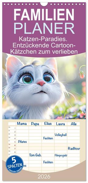Produktbild: Familienplaner 2026 - Katzen-Paradies. Entz&uuml;ckende Cartoon-K&auml;tzchen zum verlieben mit 5 Spalten (Wandkalender, 21 x 45 cm) CALVENDO