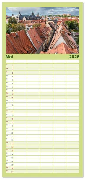 Produktbild: Familienplaner 2026 - Landeshauptstadt Erfurt - Reise durch das sch&ouml;ne Th&uuml;ringen mit 5 Spalten (Wandkalender, 21 x 45 cm) CALVENDO