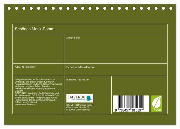 Produktbild: Sch&ouml;nes Meck-Pomm (Tischkalender 2026 DIN A5 quer), CALVENDO Monatskalender