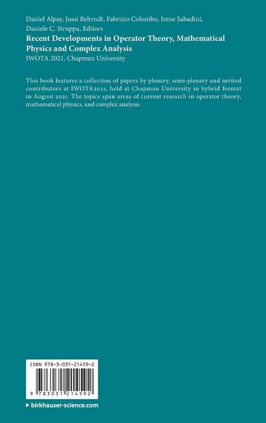 Produktbild: Recent Developments in Operator Theory, Mathematical Physics and Complex Analysis