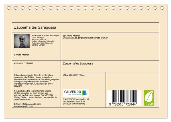 Produktbild: Zauberhaftes Saragossa (Tischkalender 2026 DIN A5 quer), CALVENDO Monatskalender
