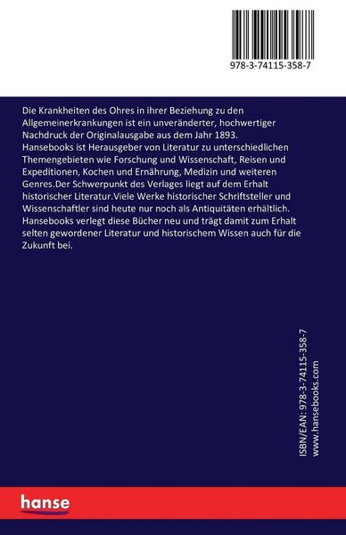 Produktbild: Die Krankheiten des Ohres in ihrer Beziehung zu den Allgemeinerkrankungen
