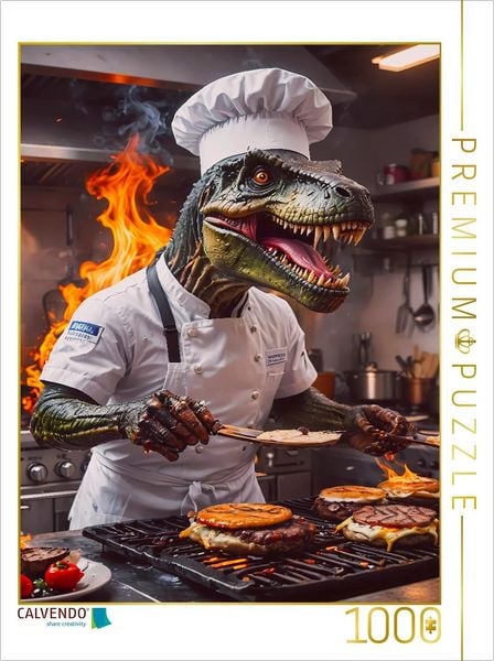 CALVENDO Puzzle Der T-Rex Chefkoch brät Burger | 1000 Teile Lege-Größe 64x48cm Foto-Puzzle für glückliche Stunden