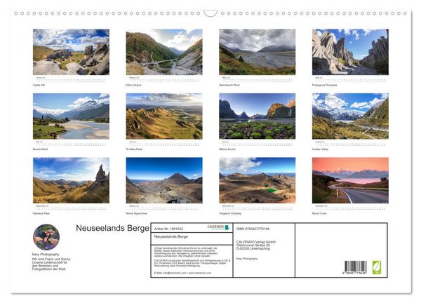 Produktbild: Neuseelands Berge (Wandkalender 2026 DIN A2 quer), CALVENDO Monatskalender