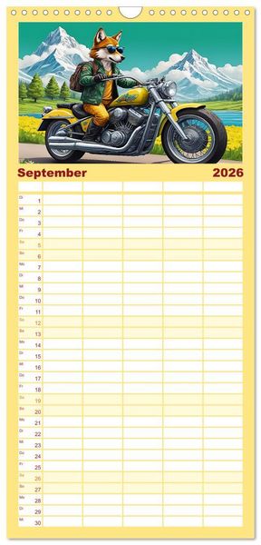 Produktbild: Familienplaner 2026 - Tierische Motorradfahrer mit 5 Spalten (Wandkalender, 21 x 45 cm) CALVENDO