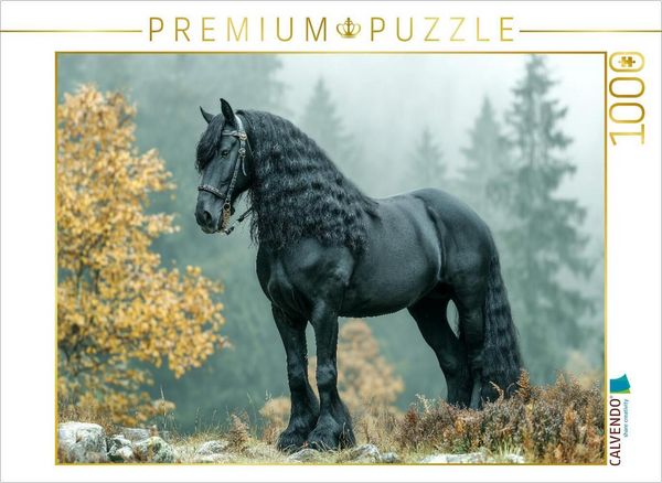 Produktbild: CALVENDO Puzzle Majest&auml;tisches Friesenpferd im Herbstwald | 1000 Teile Lege-Gr&ouml;&szlig;e 64x48cm Foto-Puzzle f&uuml;r gl&uuml;ckliche Stunden