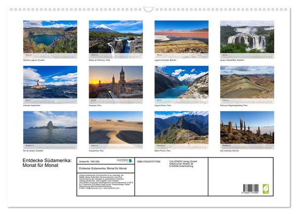 Produktbild: Entdecke S&uuml;damerika: Monat f&uuml;r Monat (Wandkalender 2026 DIN A2 quer), CALVENDO Monatskalender