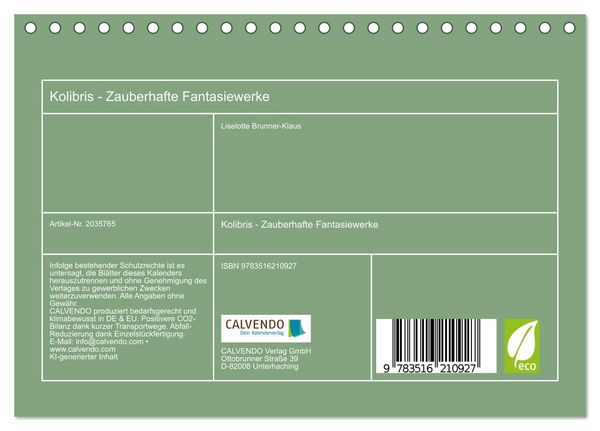 Produktbild: Kolibris - Zauberhafte Fantasiewerke (Tischkalender 2026 DIN A5 quer), CALVENDO Monatskalender