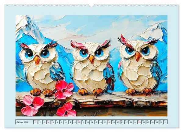 Produktbild: Eulen. Entz&uuml;ckende Paintings (hochwertiger Premium Wandkalender 2026 DIN A2 quer), Kunstdruck in Hochglanz