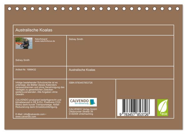 Produktbild: Australische Koalas (Tischkalender 2026 DIN A5 quer), CALVENDO Monatskalender