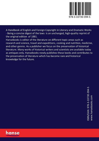Produktbild: A Handbook of English and Foreign Copyright in Literary and Dramatic Works